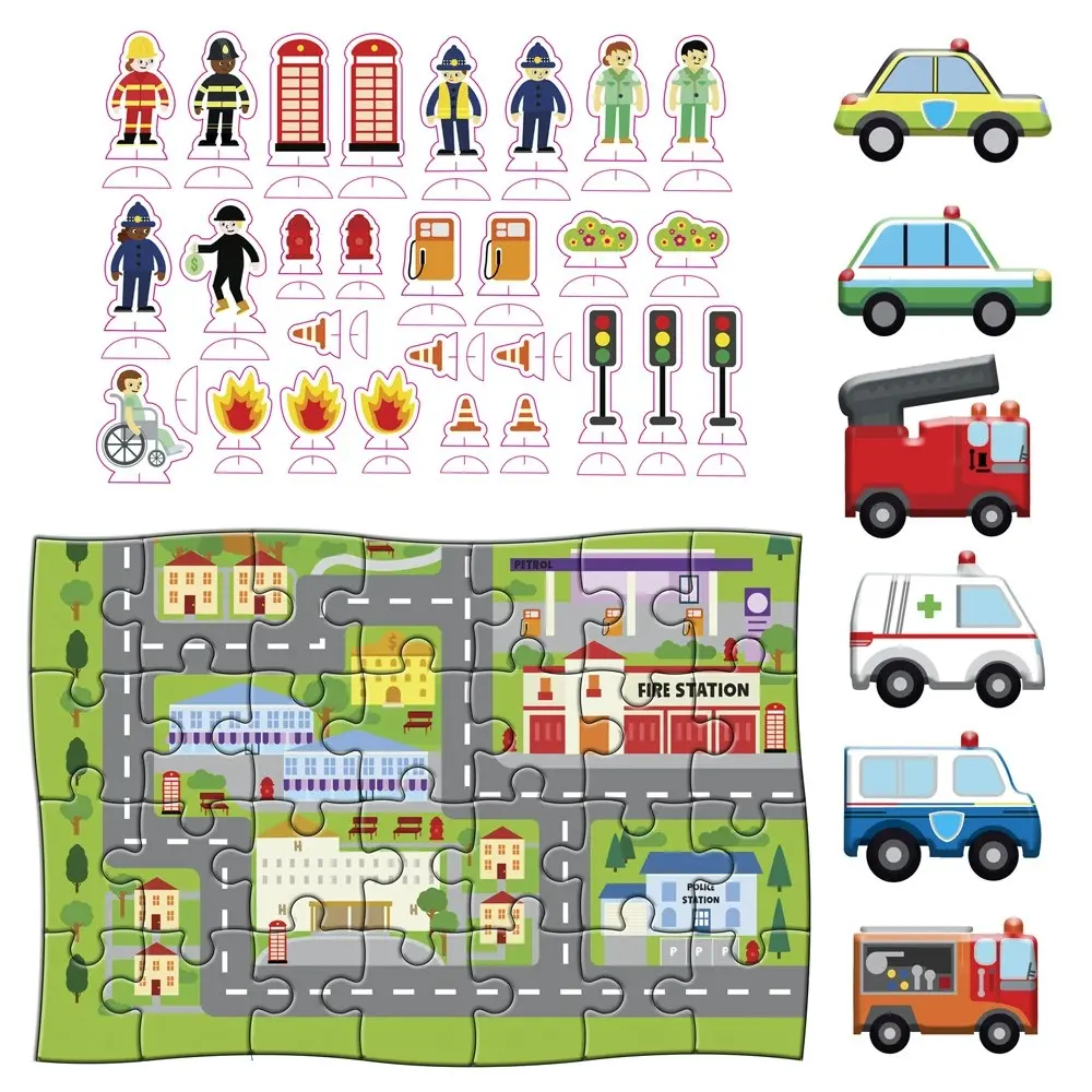 28pc WonderFull Pull-Back & Go Kit Emergency Vehicles Floor Puzzle/Book Kids Toy