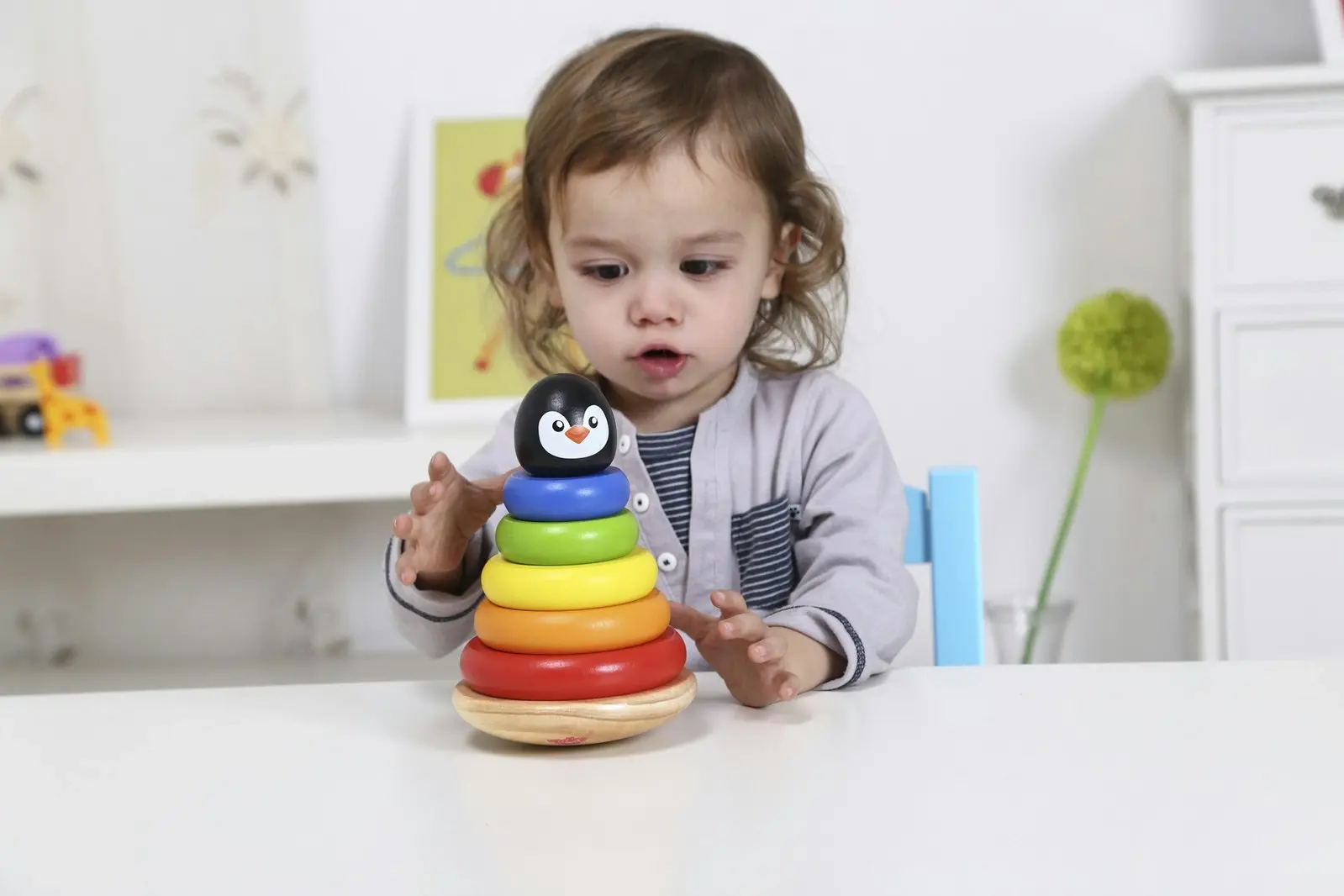 Tooky Toy Penguin Wooden Stacker Baby Stacking Round Blocks Educational Toy 12m+