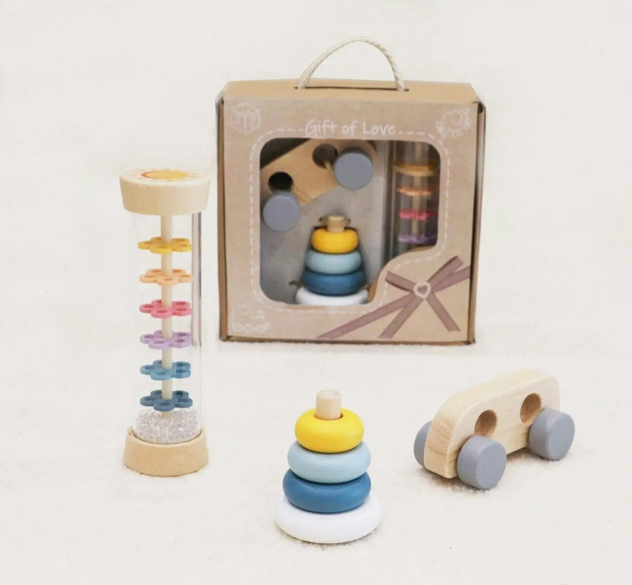 Kaper Kidz Calm & Breezy Baby Wooden Tuber/Car/Stacking Rings Play Toy Set 18m+