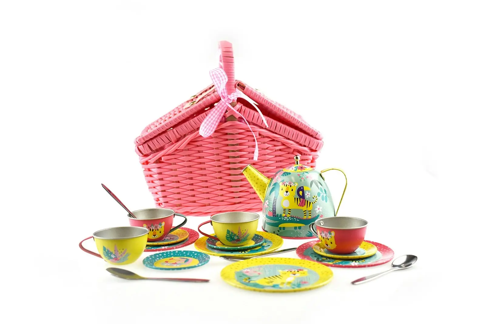 18pcs Kaper Kidz Tiger Themed Kids Pretend Play Tin Tea Set In Picnic Basket 3y+