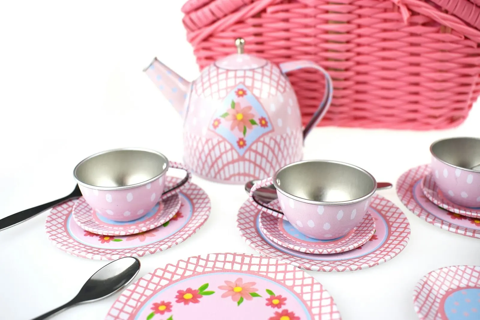 18pc Kaper Kidz Children's Floral Tin Tea/Teacup Set In Picnic Basket 3y+