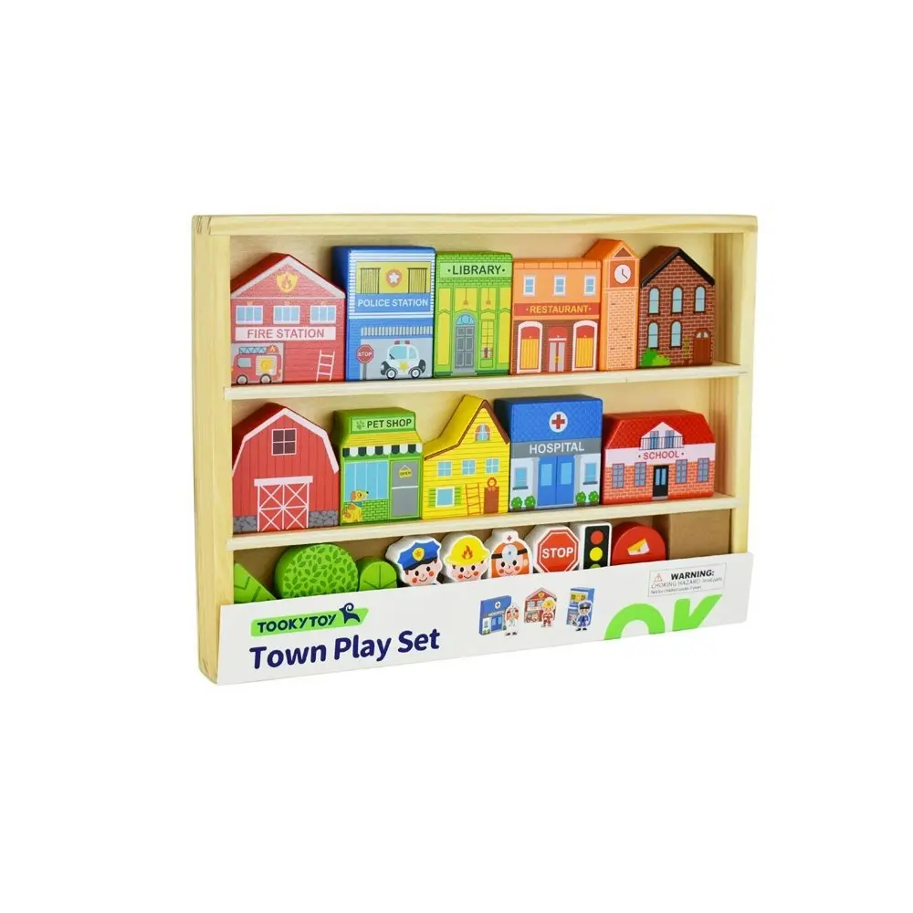 Tooky Toy Town Play Set w/Building/Streets/People Figurines/Wooden Case Kids 3+