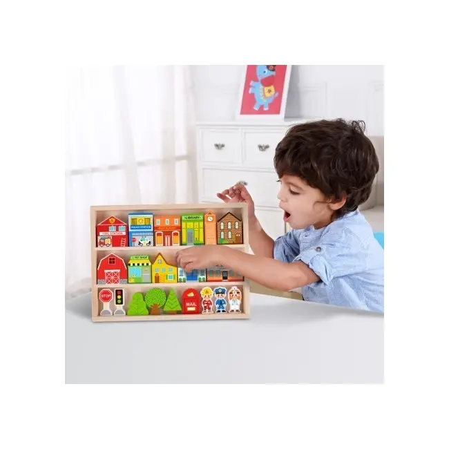 Tooky Toy Town Play Set w/Building/Streets/People Figurines/Wooden Case Kids 3+