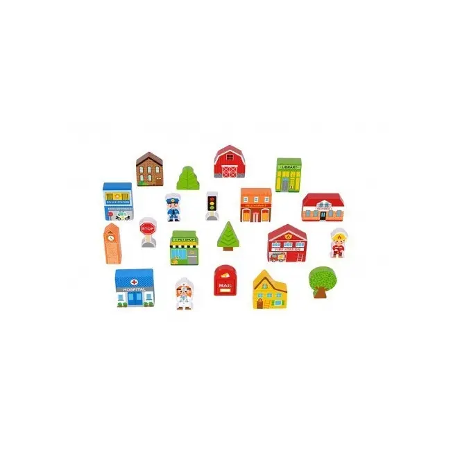 Tooky Toy Town Play Set w/Building/Streets/People Figurines/Wooden Case Kids 3+