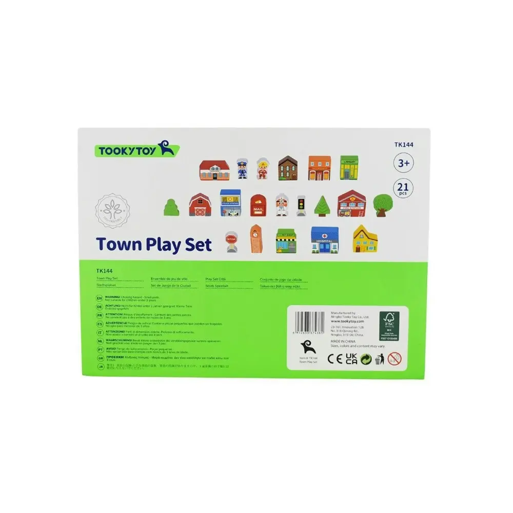 Tooky Toy Town Play Set w/Building/Streets/People Figurines/Wooden Case Kids 3+