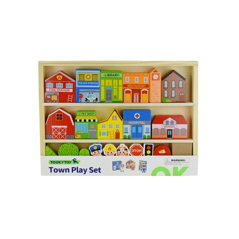 Tooky Toy Town Play Set w/Building/Streets/People Figurines/Wooden Case Kids 3+