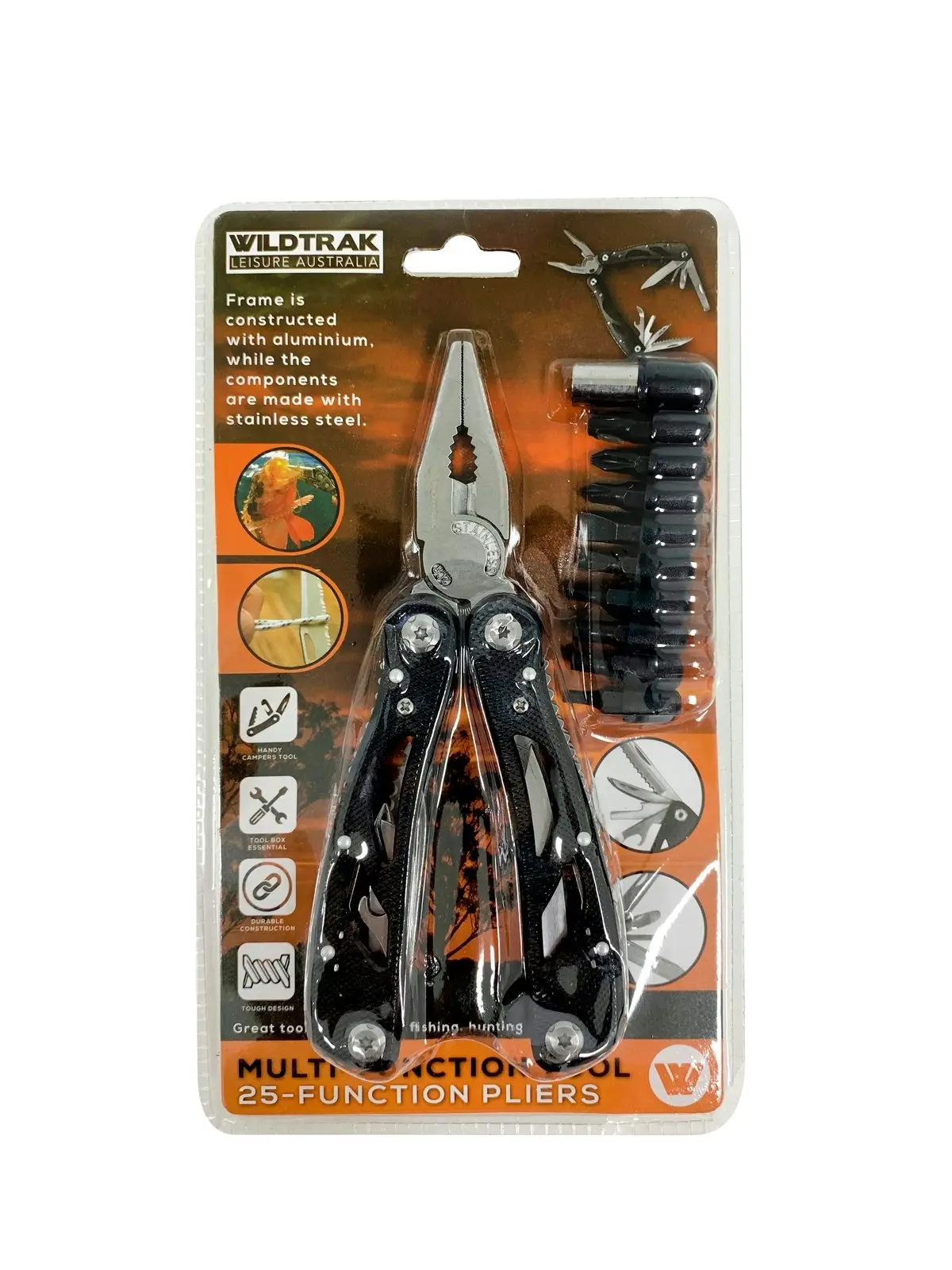 Wildtrak 25in1 Aluminium Multi-Tool Pliers Wire Cutter/Knife/Bottle Opener Black