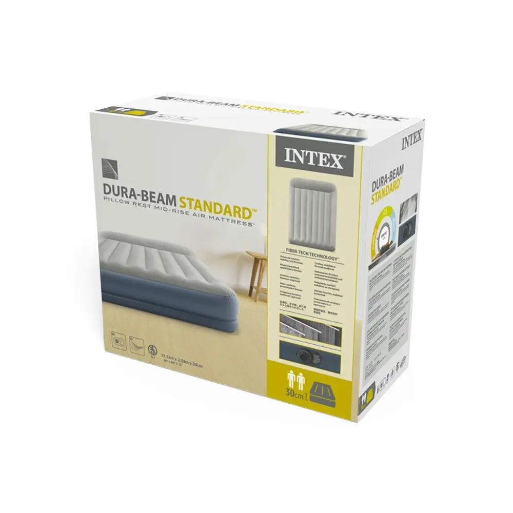 Intex Queen Size Pillow Rest Mid-Rise Airbed w/Fiber-Tech Bip 152x203x30cm