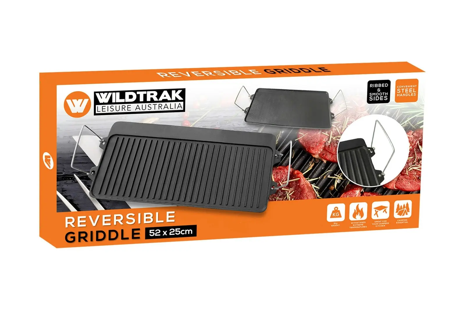 Wildtrak Reversible 52cm Cast Iron Griddle BBQ Plate Cookware For 3BR Stove BLK