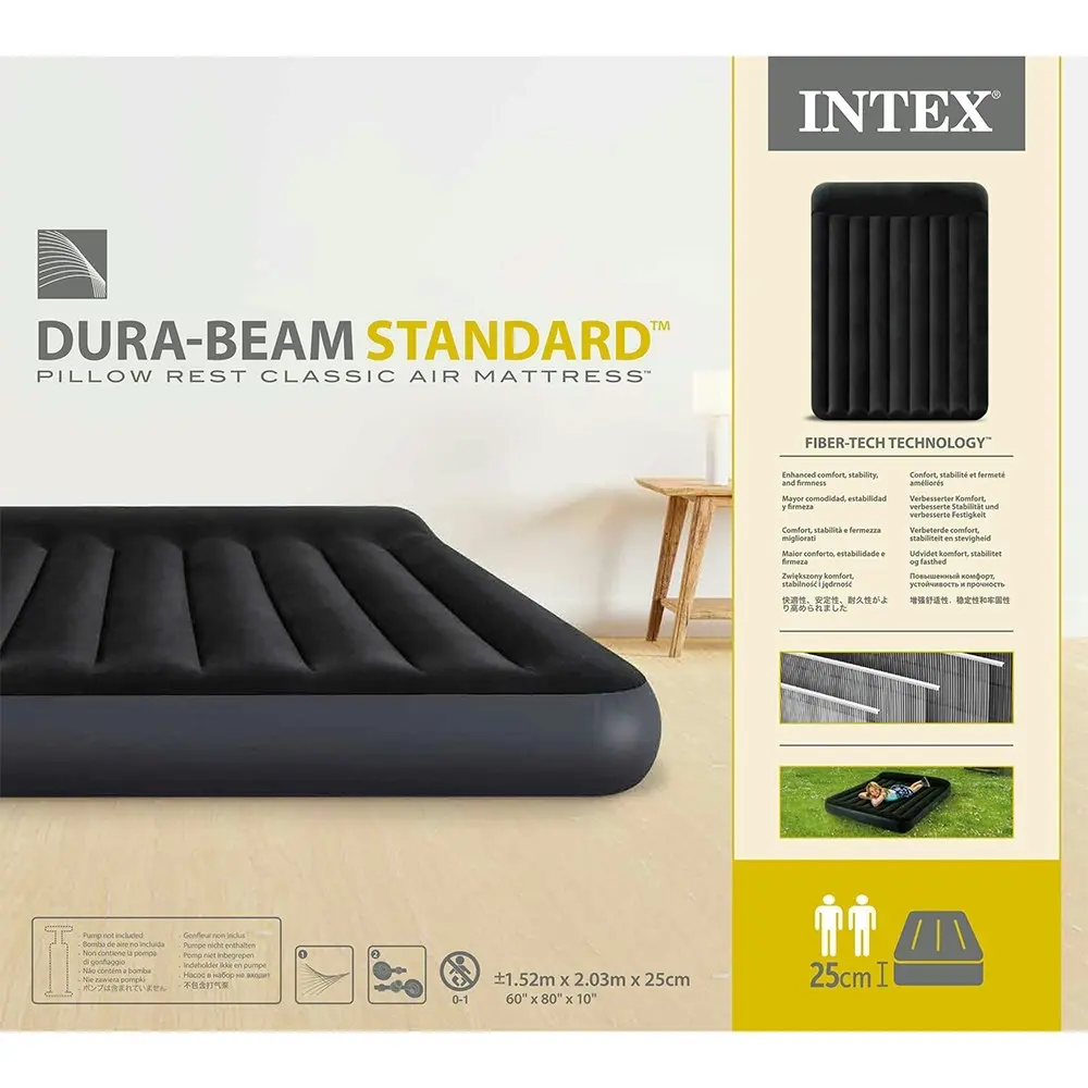 Intex Dura-Beam Classic Inflatable Queen Airbed Mattress w/ Pillow Rest Black