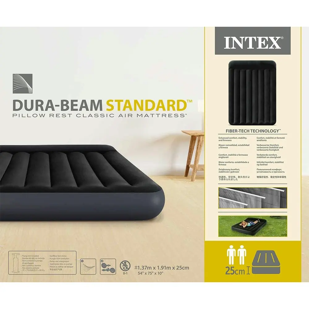 Intex Inflatable Full Deluxe Airbed Mattress w/ Fiber-Tech Pillow Rest Black