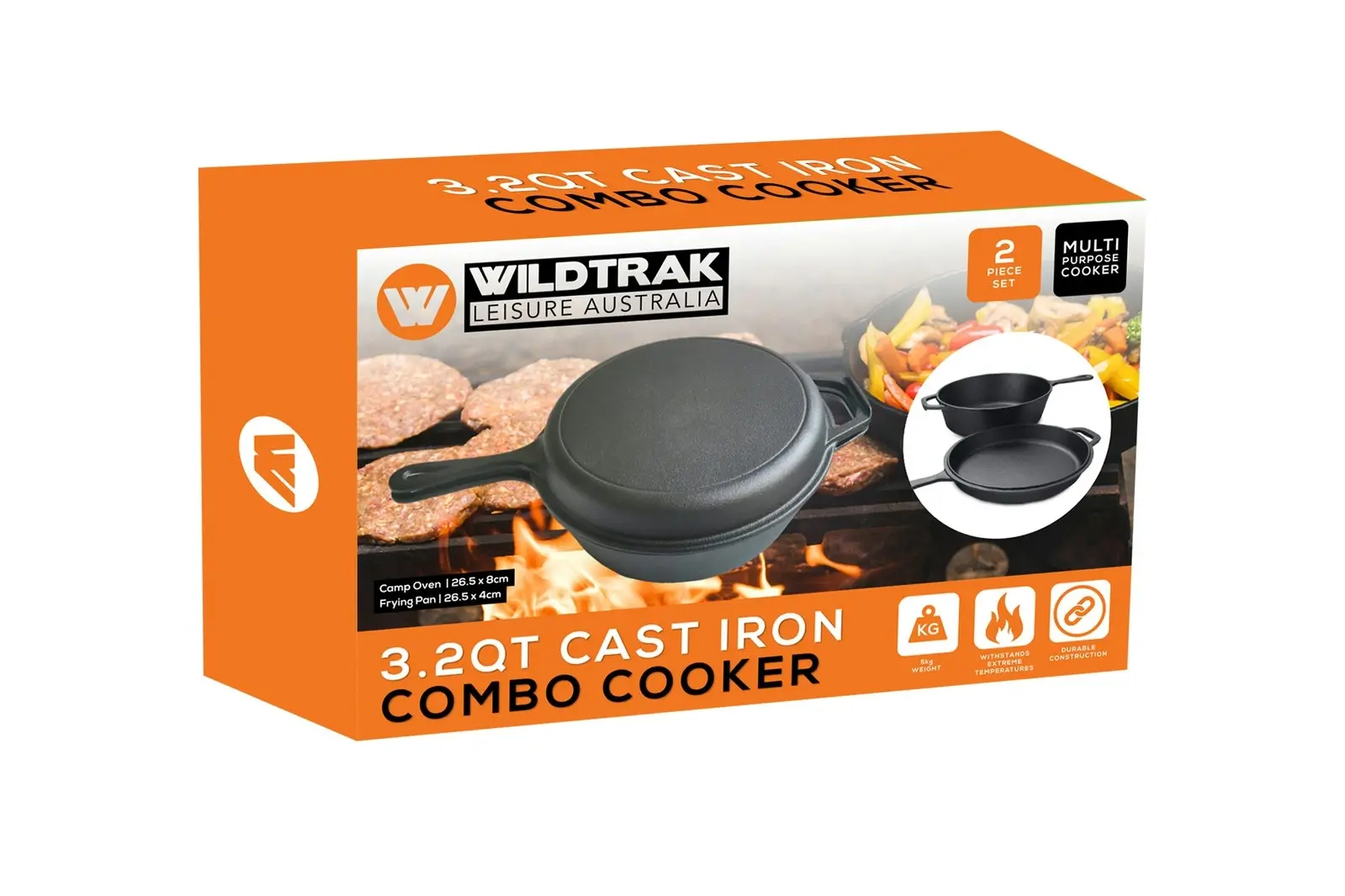 Wildtrak 3.2qt Cast Iron 26.5cm Combo Cooker Camp Over/Frying Pan Set Black