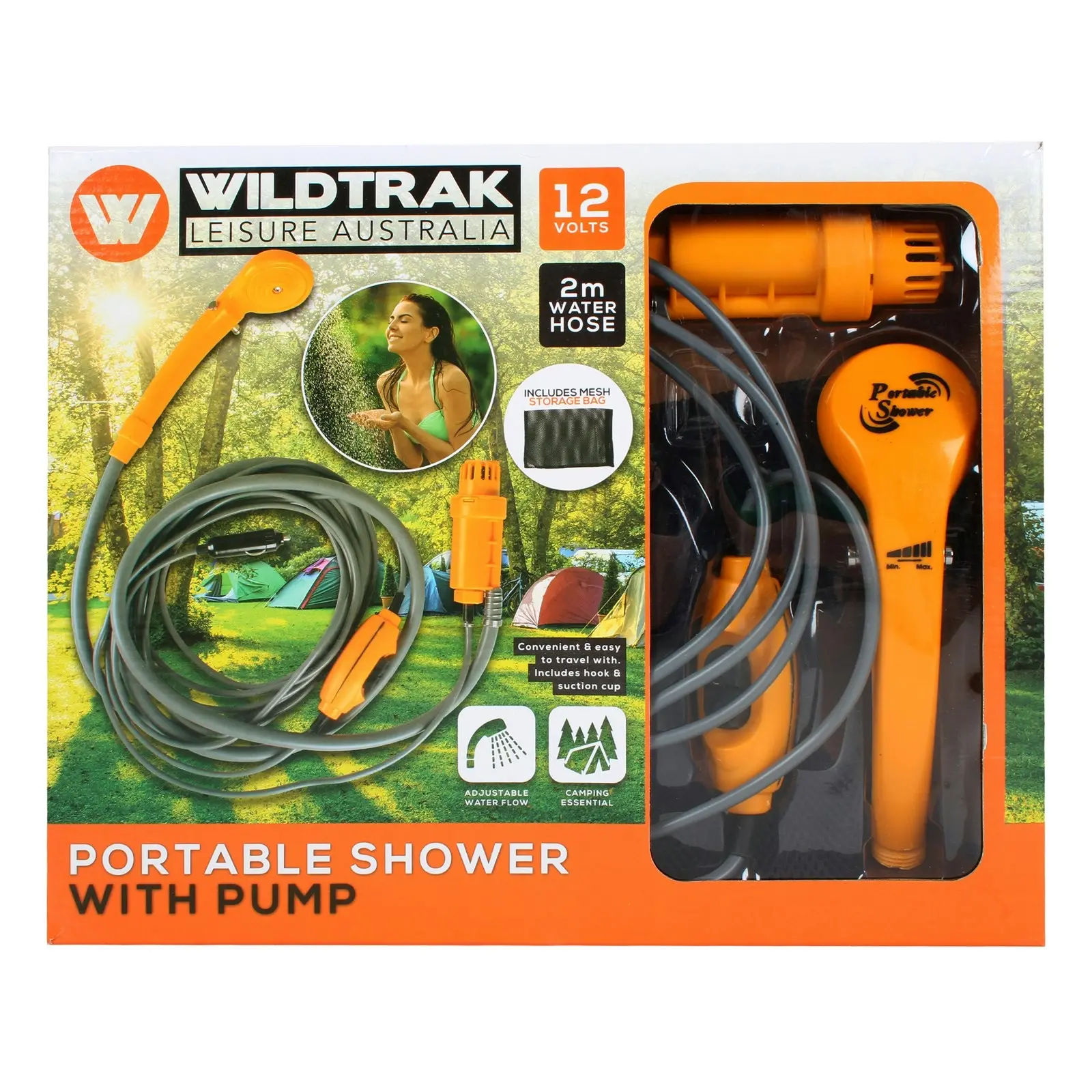 Wildtrak Camping Portable 12V Camp Shower Water Spray w/Pump/Mesh Bag Orange/GRY