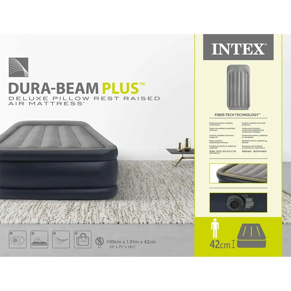 Intex Inflatable Twin Deluxe Airbed Mattress w/ Fiber-Tech Pillow Rest Blue/Grey