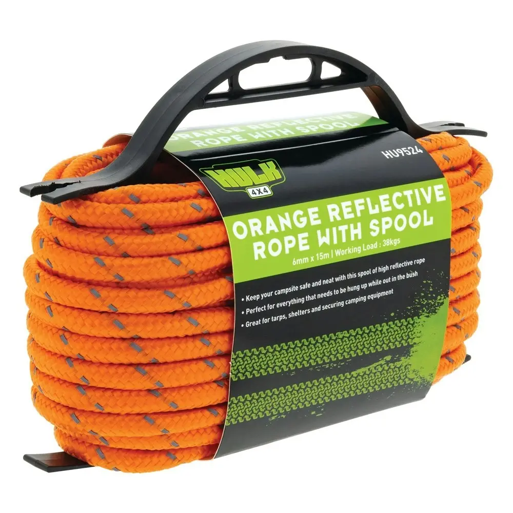 Hulk 4X4 Durable 15m Spooled Hi-Vis Reflective Rope For Tarps/Shelters Orange