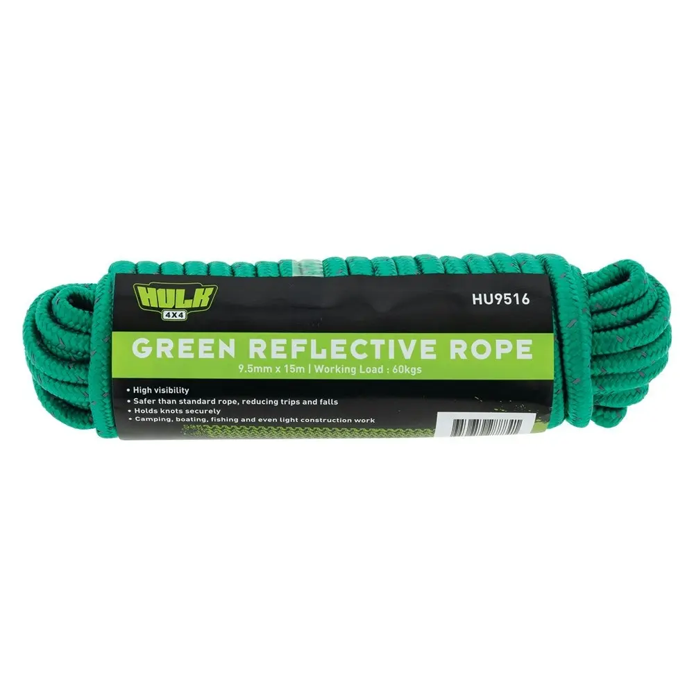 2x Hulk 4X4 Durable 15m Hi-Vis Reflective Rope String For Camping/Boating Green