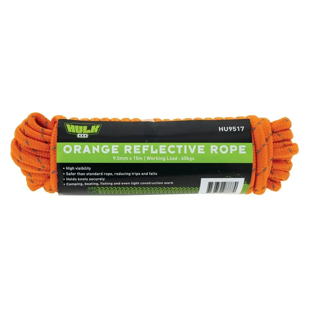 2x Hulk 4X4 Durable 15m Hi-Vis Reflective Rope String For Camping/Boating Orange