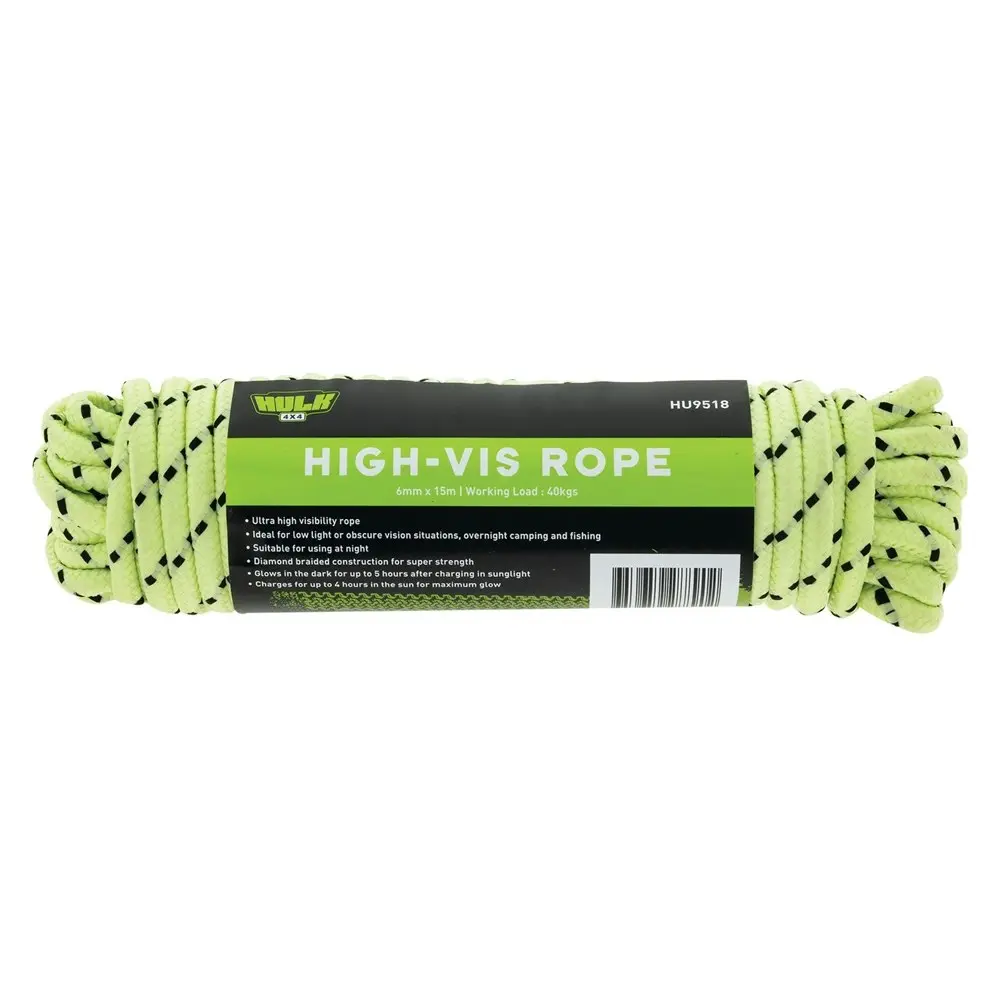 2x Hulk 4X4 Durable 15m Reflective Glow Rope Cargo Strap/String Fluro Yellow