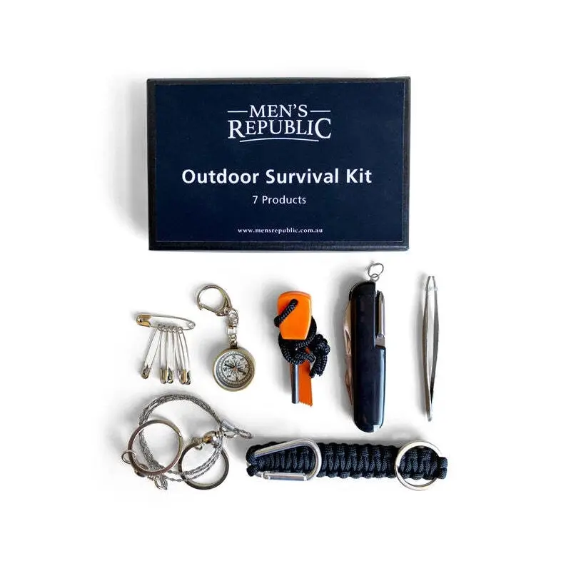 7pc Men's Republic Outdoor Camping/Hiking Survival Kit With Rope/Knife/Tweezers