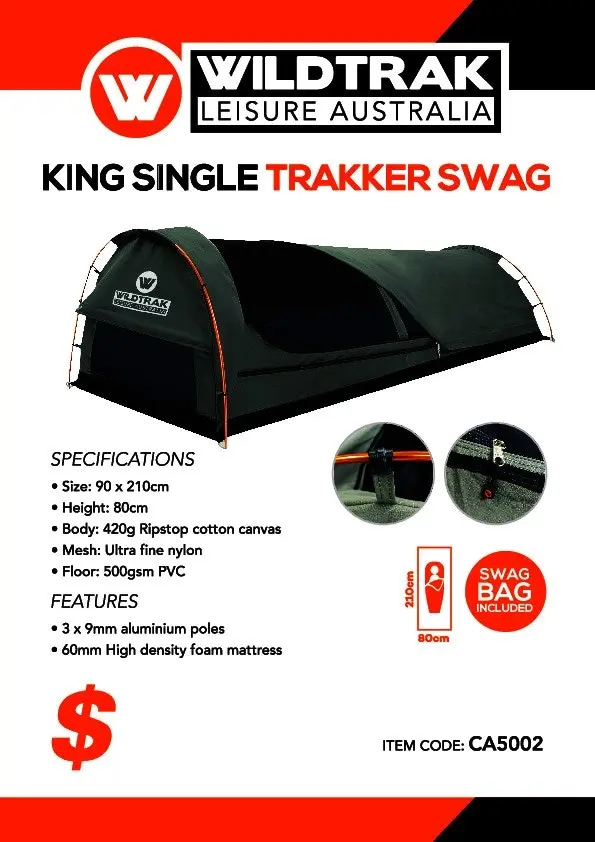 Wildtrak King Single 210x90cm Trakker Swag Camping Tent w/ Canvas Bag Grey/Black