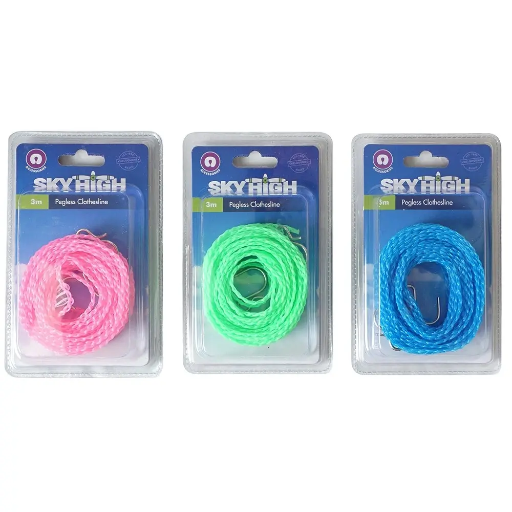 6x Sky High Travel Pegless Rope Lightweight Clothes Line Assorted Colours