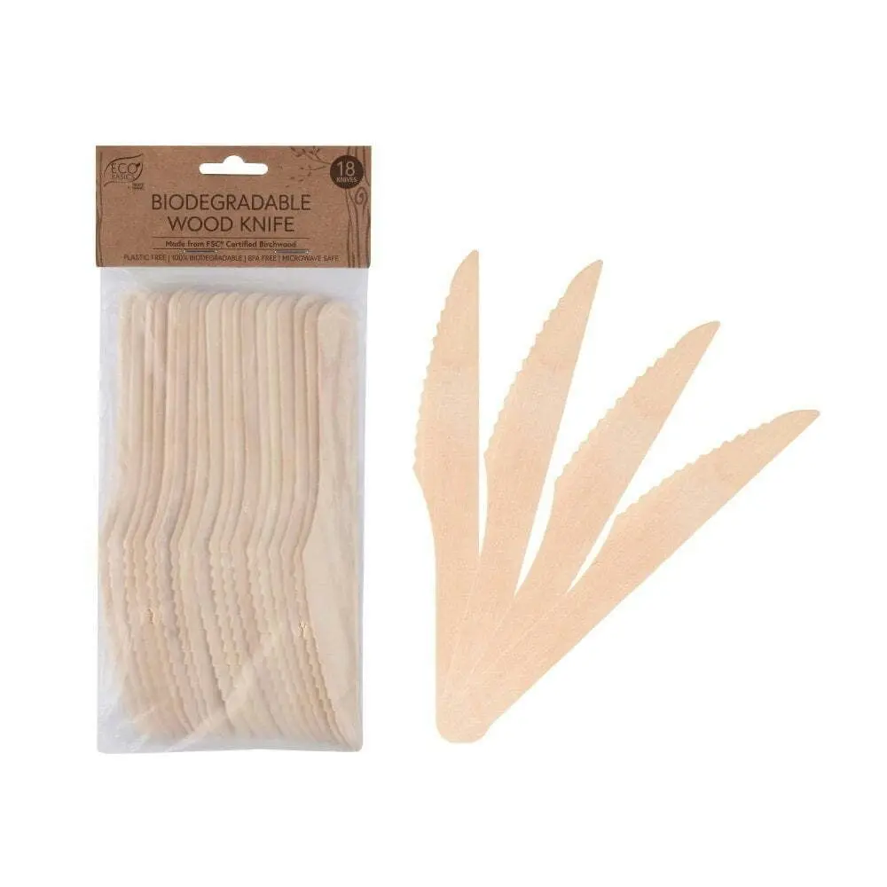 5x 18pc Eco Basics 16.5cm Biodegradable Birchwood Knife Disposable Cutlery Brown