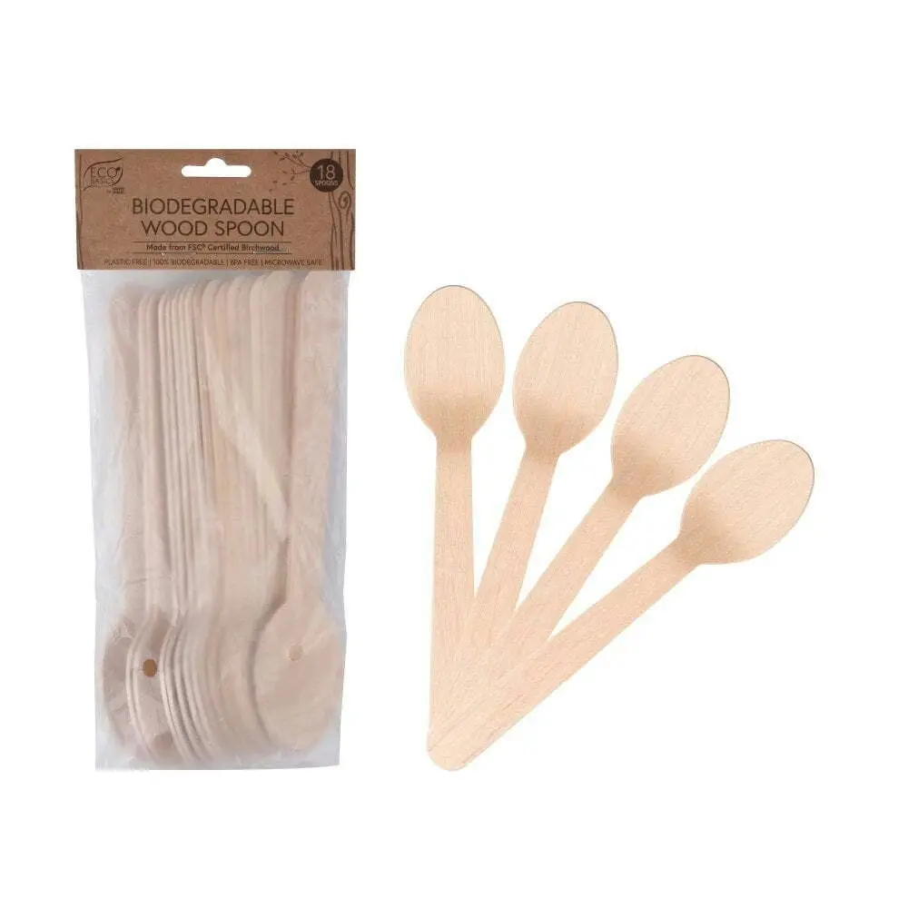 5x 18pc Eco Basics 16.5cm Biodegradable Birchwood Spoon Disposable Cutlery Brown