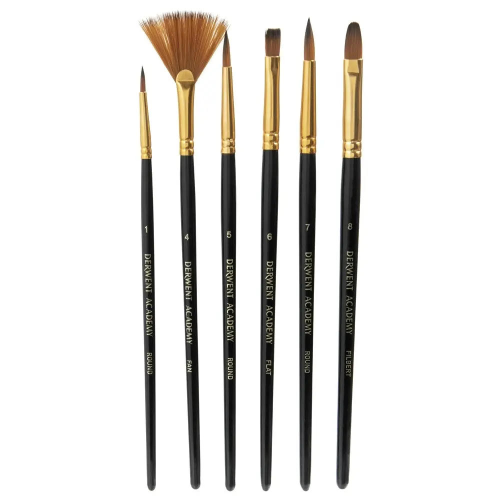 6pc Derwent Academy Art/Craft Wooden Flat/Round/Filbert Taklon Paint Brush Set