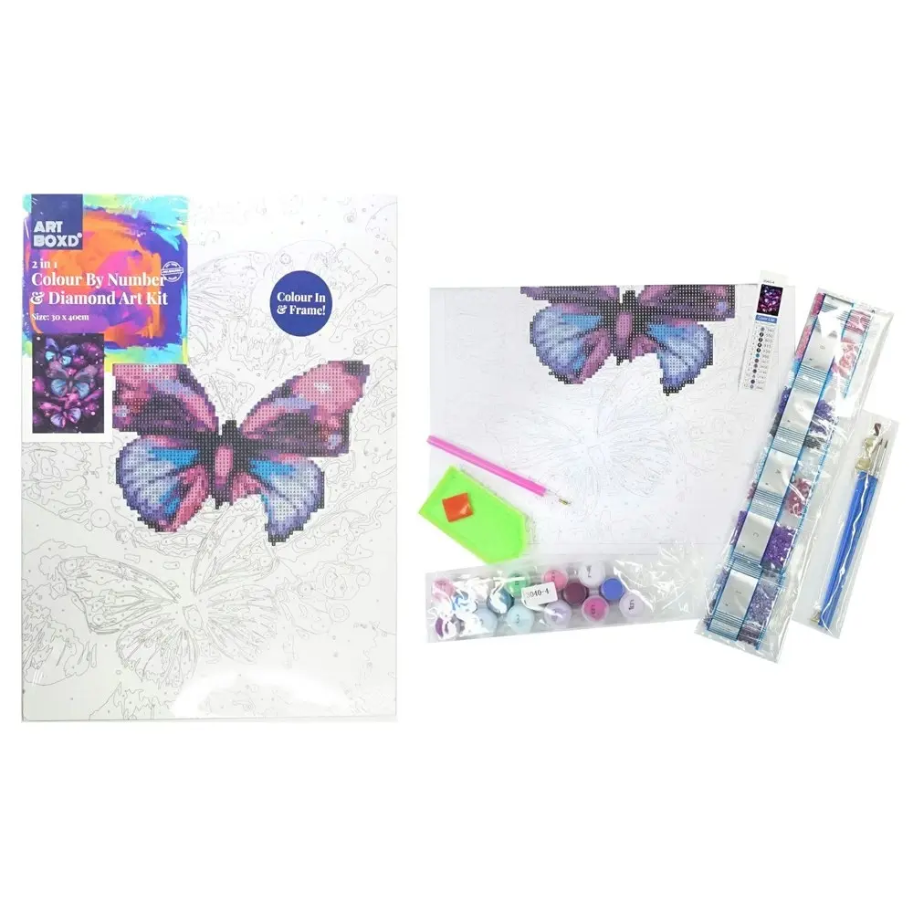 Art Boxd 2-in-1 Canvas Colour By Number & Diamond Art Kids Painting Butterflies