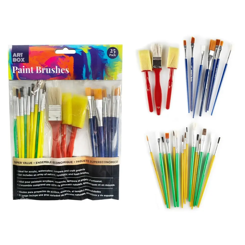 4x 25pc Art Boxd Artist Paint Brush Set Painting w/ Wooden Handle Assorted BLK