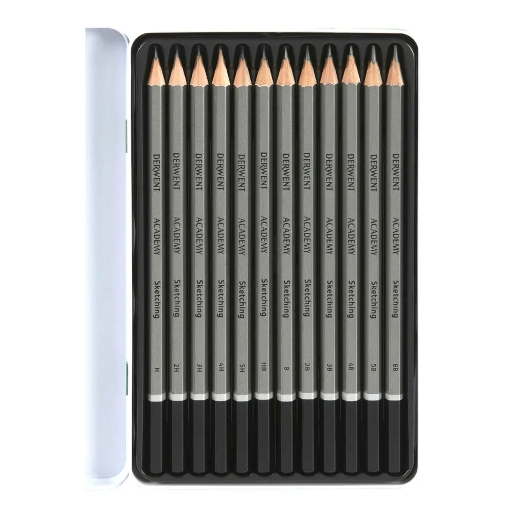 12pc Derwent Academy Art/Craft Hexagonal Sketch Pencil Tin 3B/2B/B/HB/H/2H Set