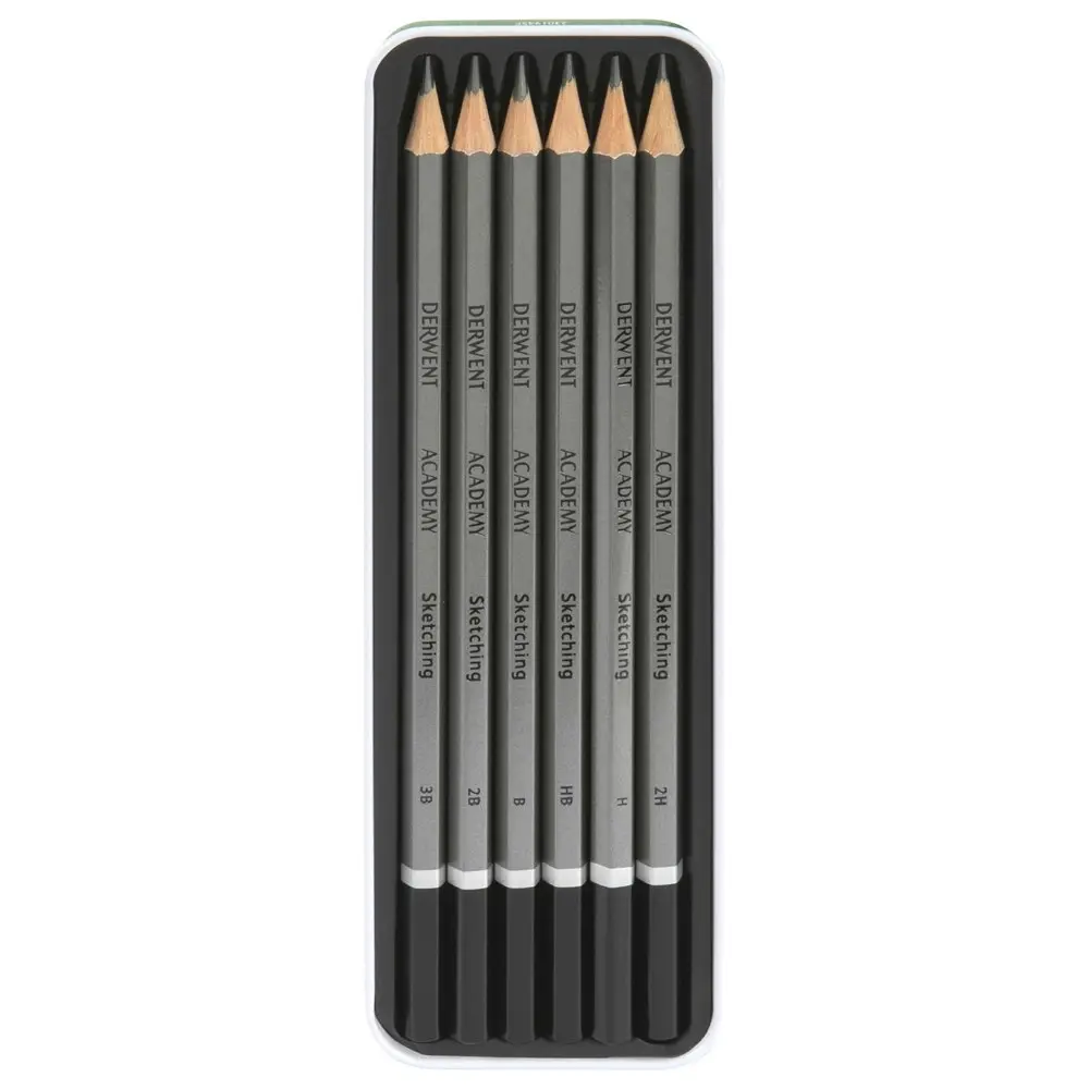 6pc Derwent Academy Art/Craft Hexagonal Sketch Pencil Tin 3B/2B/B/HB/H/2H Set