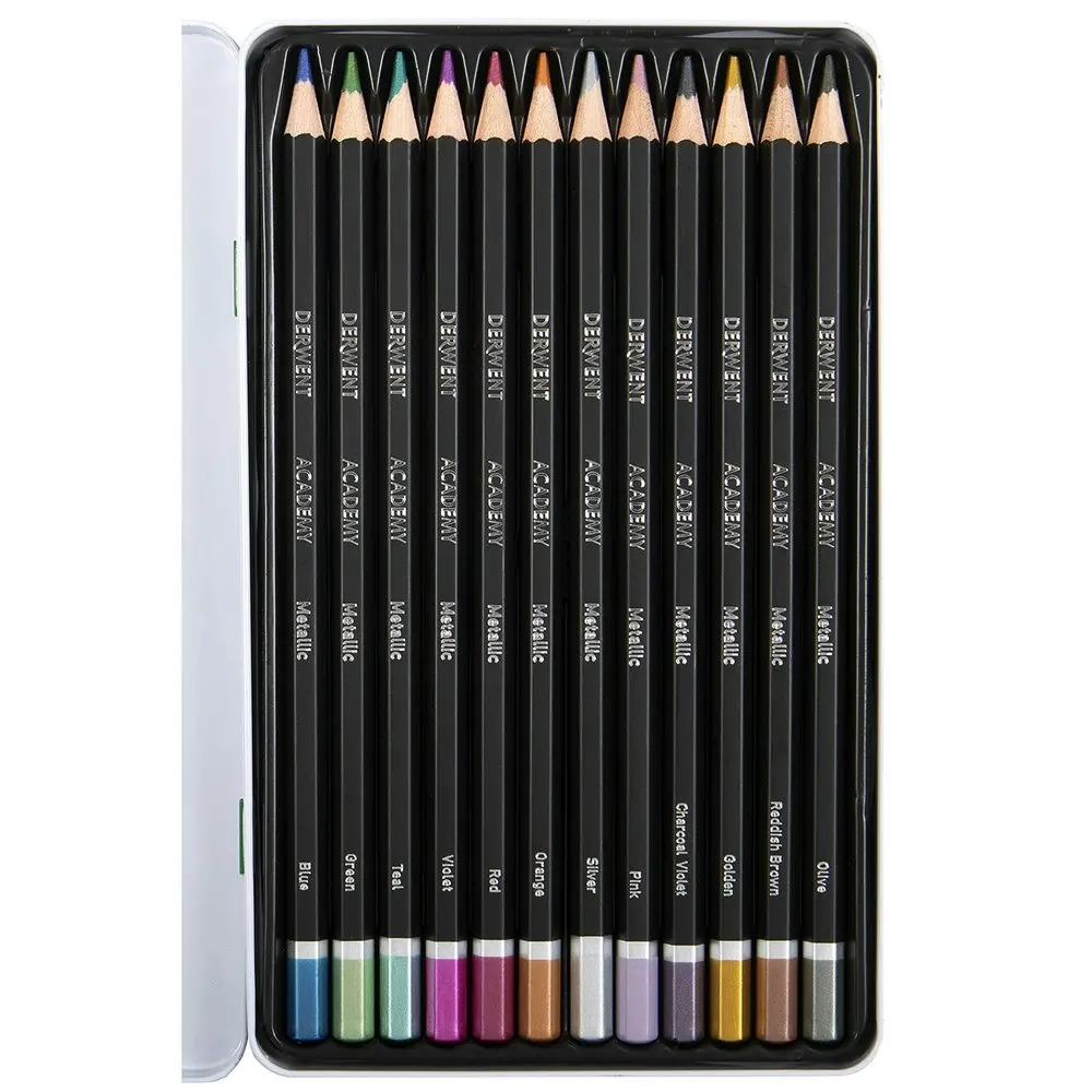 12pc Derwent Academy Art/Craft Hexagonal Metallic Colour Pencil Tin Set