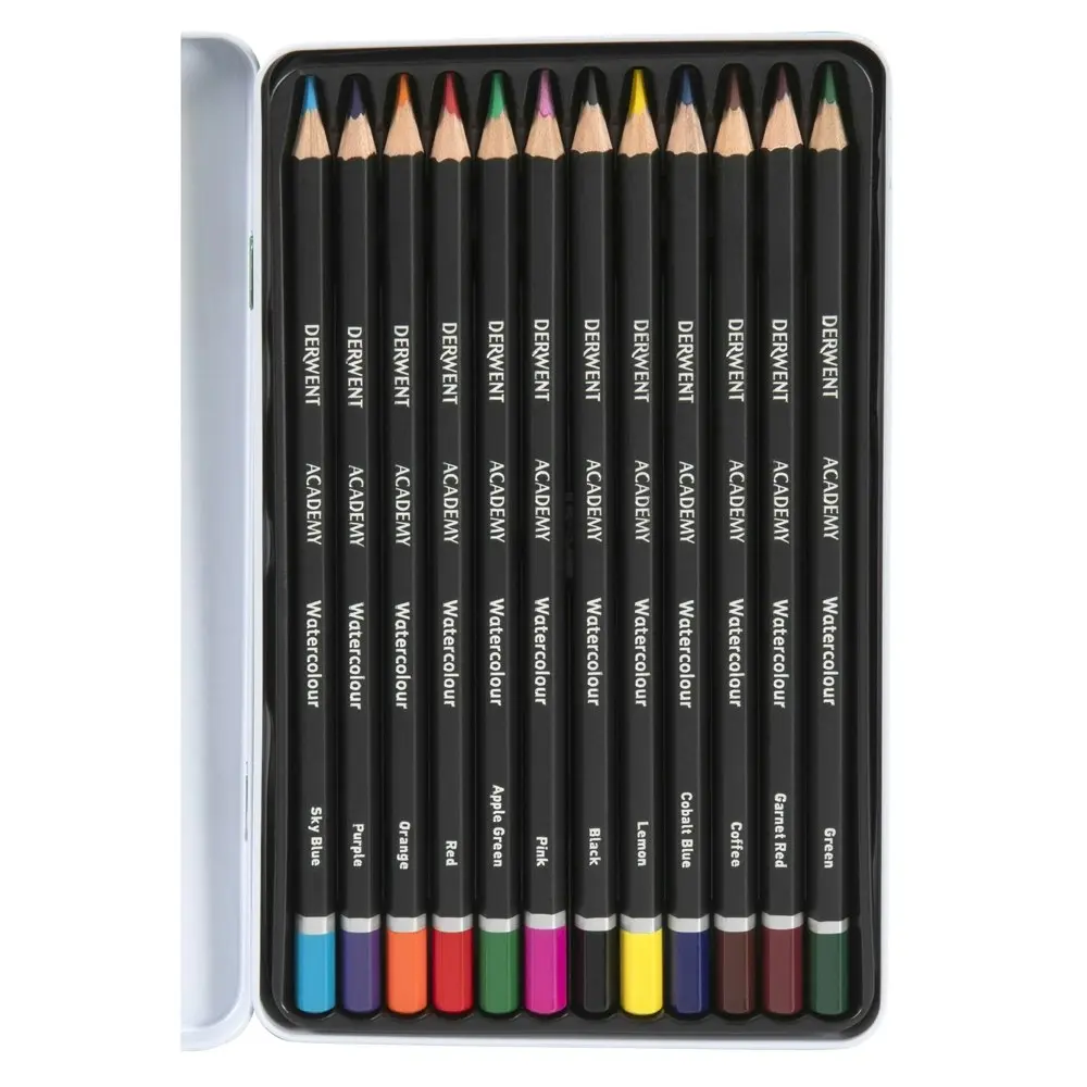 12pc Derwent Academy Art/Craft Hexagonal 3.3mm Core Watercolour Pencil Tin Set