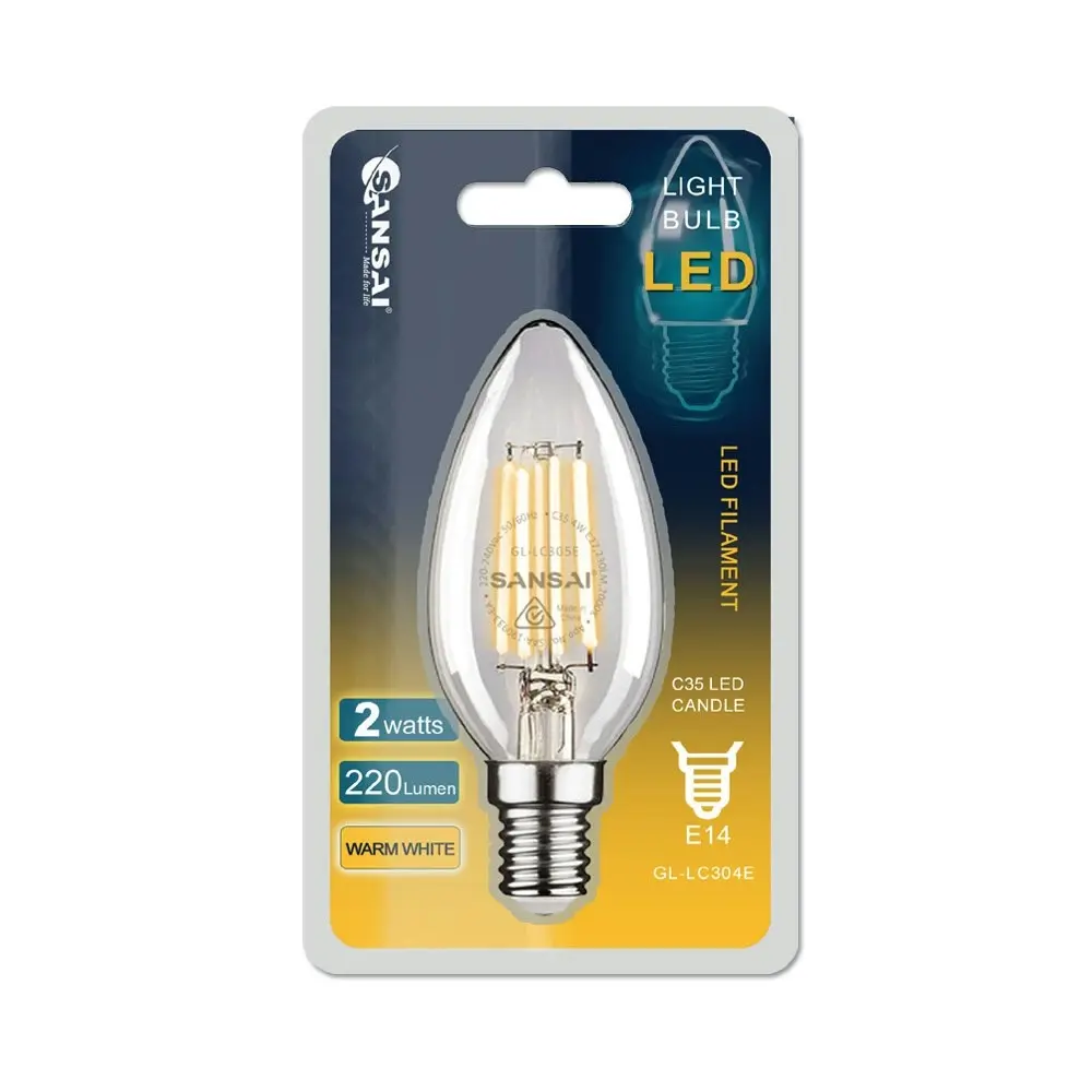 6x Sansai Home/Office LED 220lm Clear Filament Light Bulb C35 2W E14 Warm White