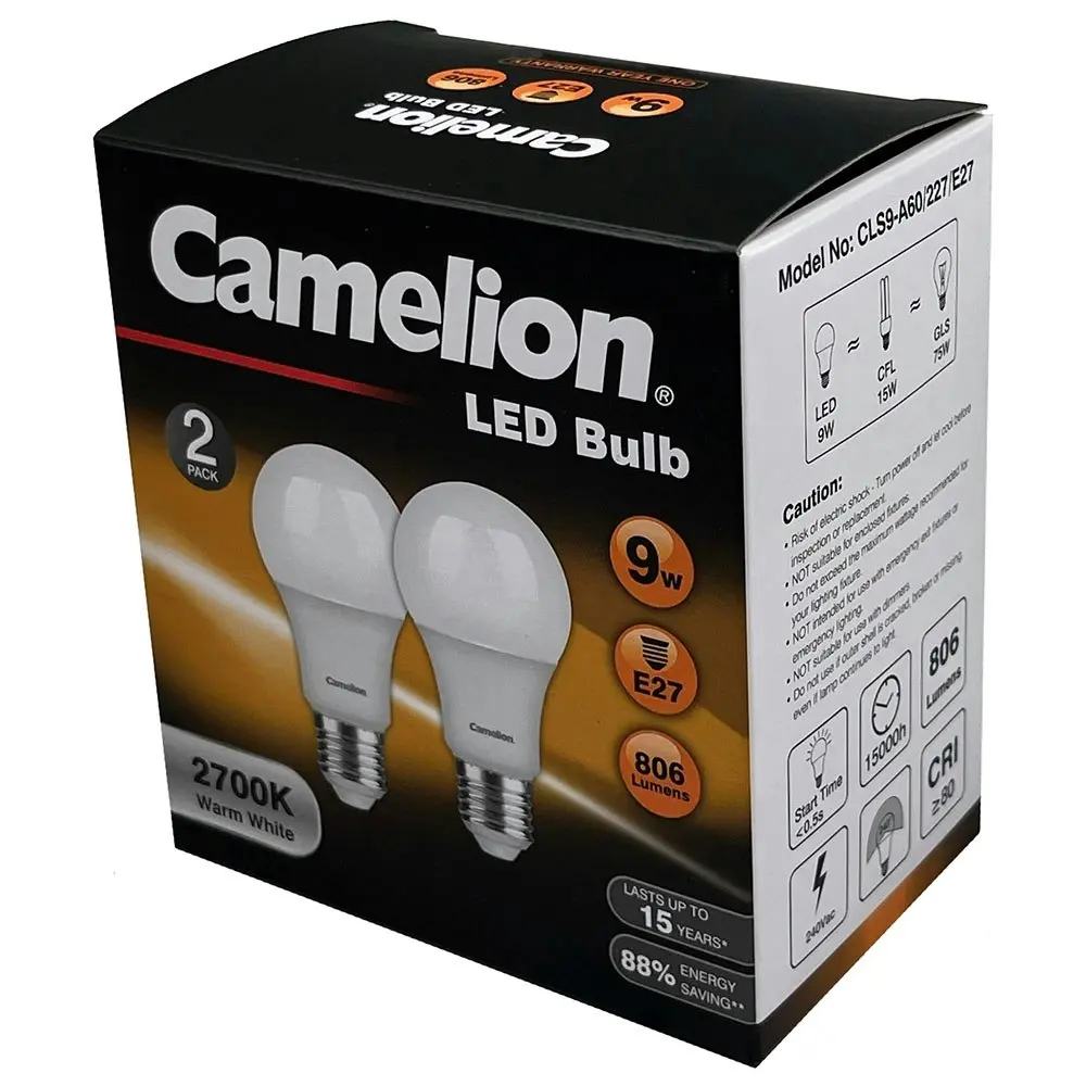 6pc Camelion LED Light Bulb E27 9W 240V 2700K Edison 806 Lumen Globe Warm White