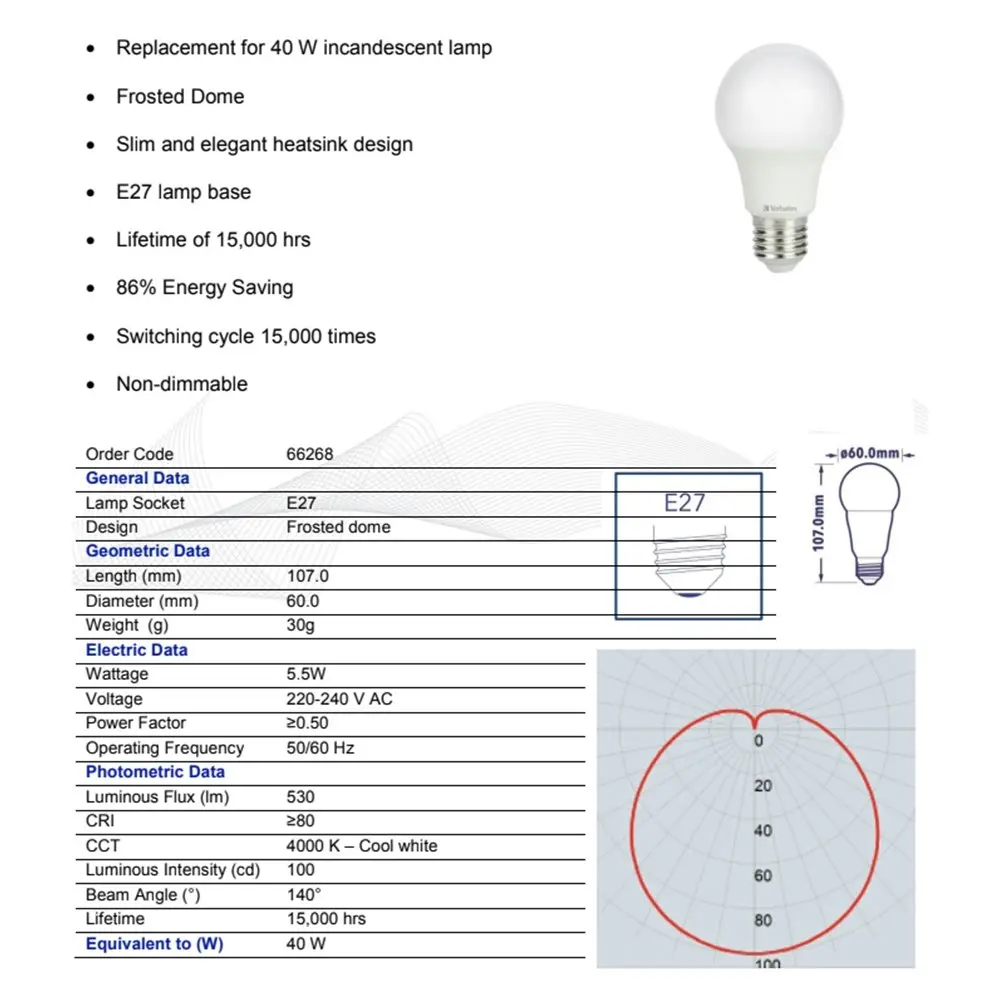 12PK Verbatim E27 Screw In Cool WHT Classic A Light Globe/Bulb 5.5W/510lm/4000K