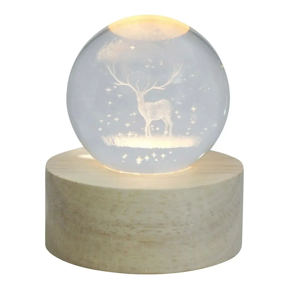 2x Glass/Wood 7cm Deer Led Ball Kids/Children Bedroom Decor Night Light Lamp