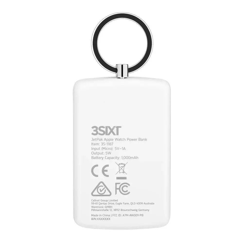 3sixT JetPak 1000mAh Power Bank 3S-1187 Keyring Charger For Apple Watch White