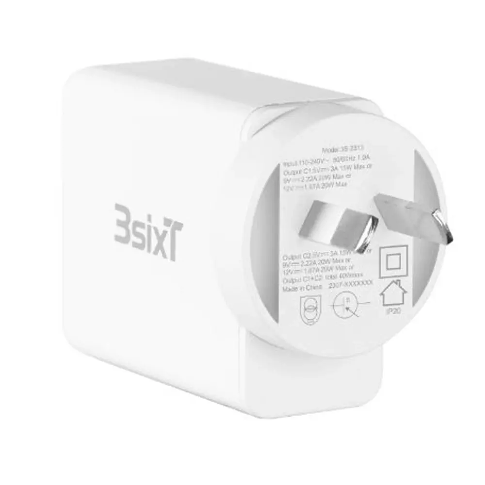 3sixT Dual Port 40W Phone Wall Charger/Charging Adapter Dual AU/NZ USB-C White