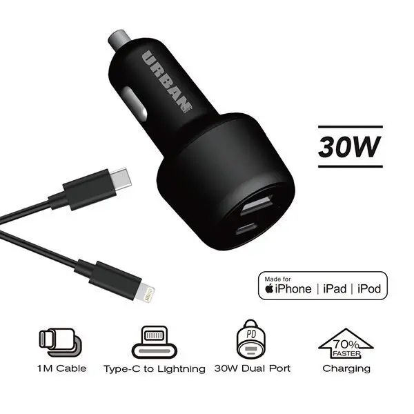 Urban 30W Dual Port Car Charger Adapter 1m Cable Compatible w/ iPhone Black