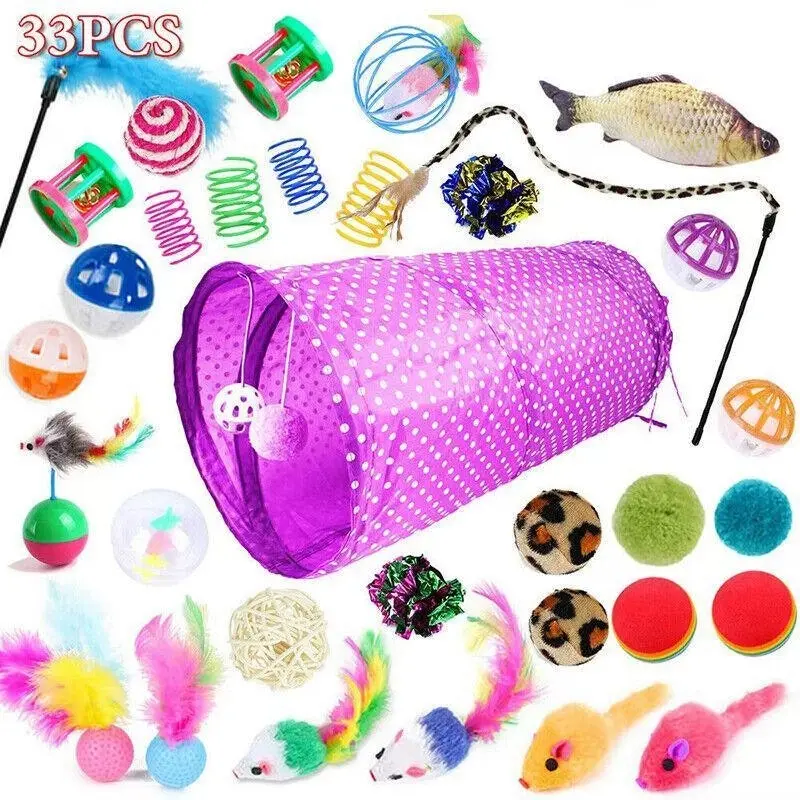 33 Items Lovely Cat Kitten Toy Bulk Buy Pet Toys Rod Fur Mice Bells Balls Catnip