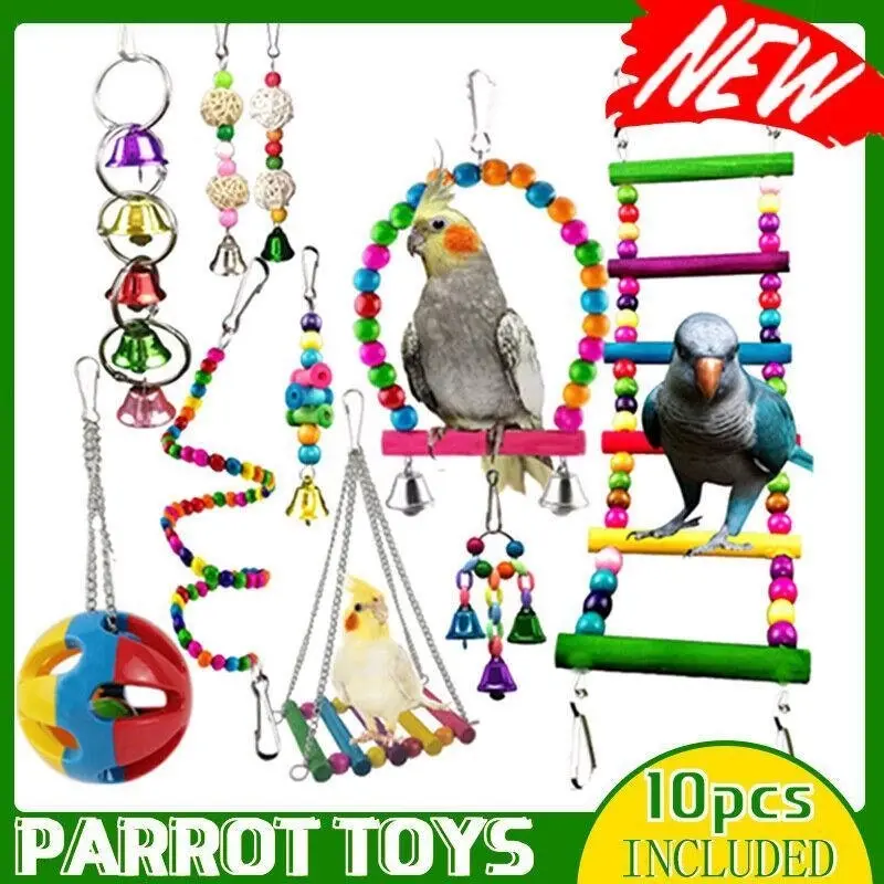 10Pcs Bird Toy Set: Parrot Swing Chewing Toys Hanging Bell for Cockatiel Cages