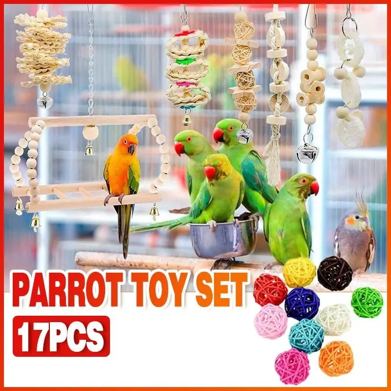 17PCS Bird Toys Parrot Swing Toys Chewing Hanging Bell Cockatiel Cage Toy Set