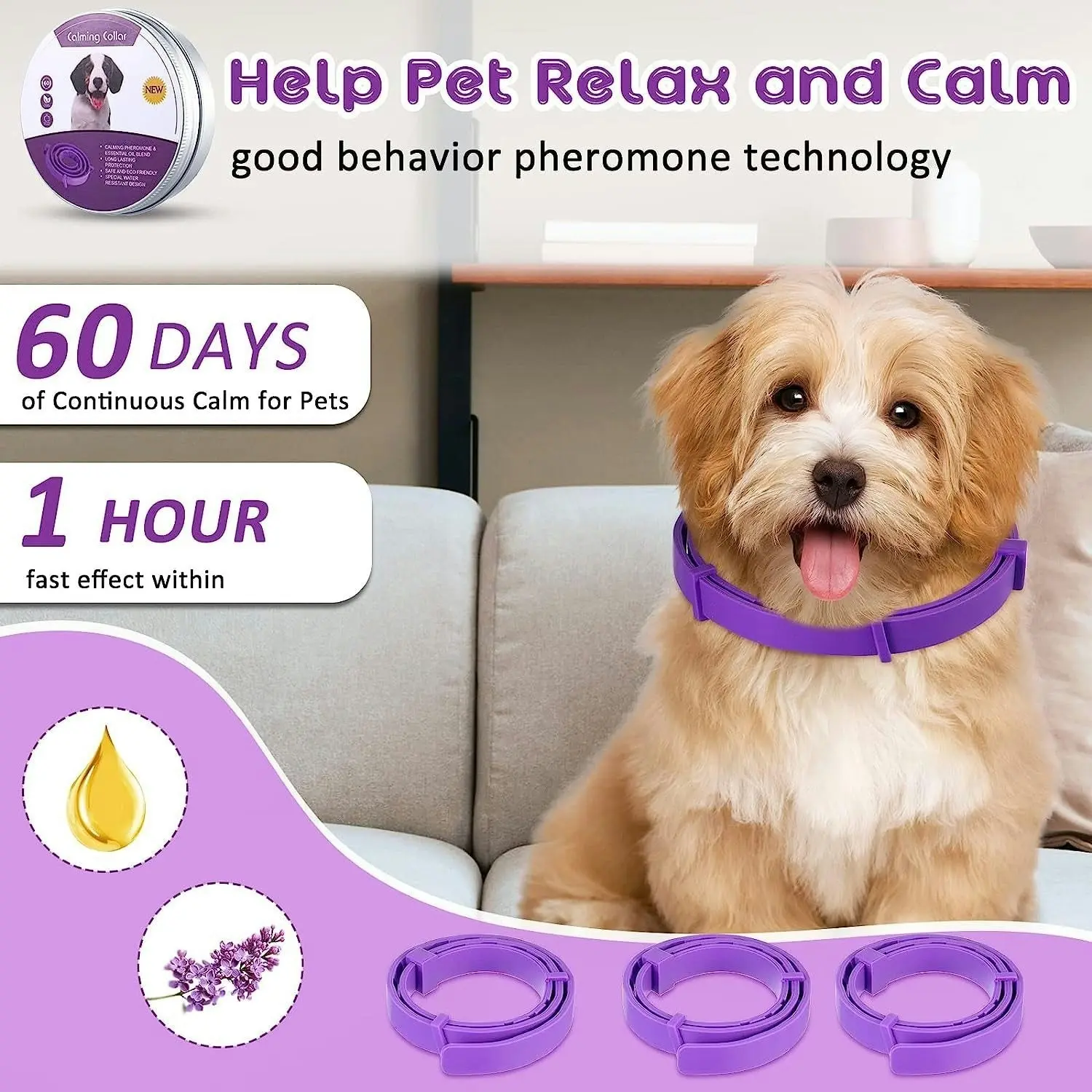 3/6PCS 62cm Pet Calming Collar Adjustable Anti-anxiety for Cats Dogs Stress Reduction