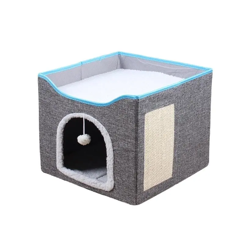 Foldable Pet Cat Calming Bed Hideaway Interactive House Nest Scratching Board