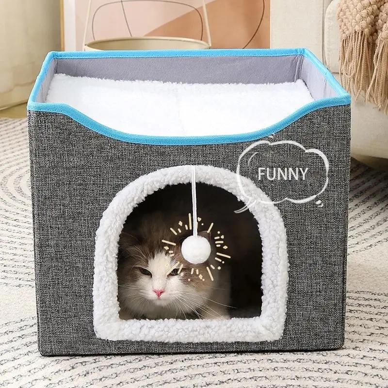 Foldable Pet Cat Calming Bed Hideaway Interactive House Nest Scratching Board