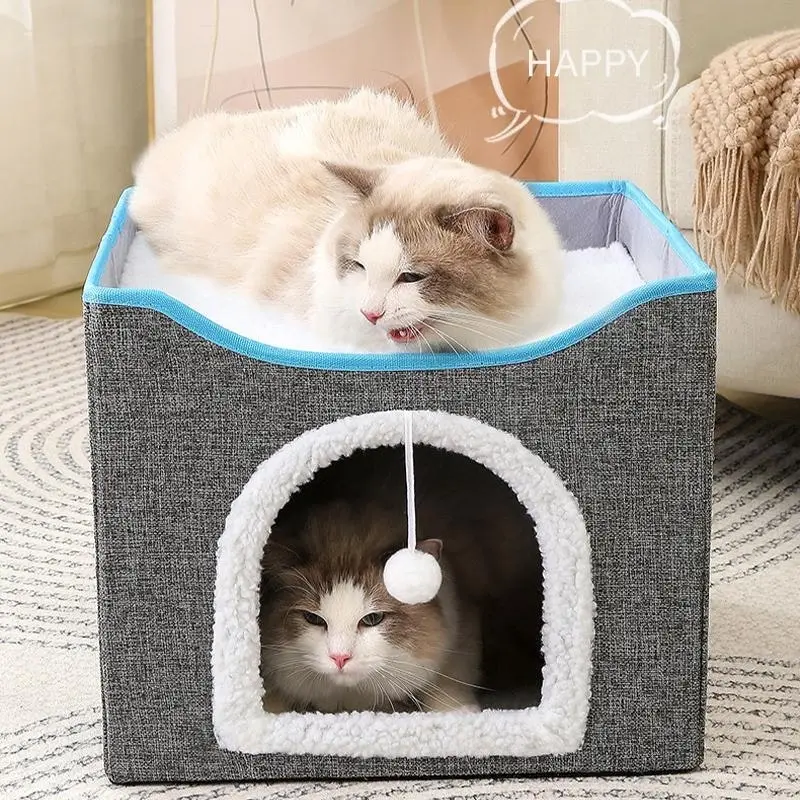 Foldable Pet Cat Calming Bed Hideaway Interactive House Nest Scratching Board