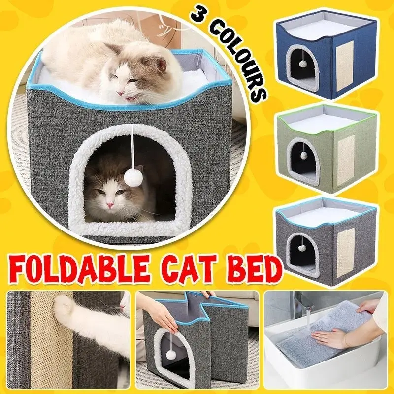 Foldable Pet Cat Calming Bed Hideaway Interactive House Nest Scratching Board