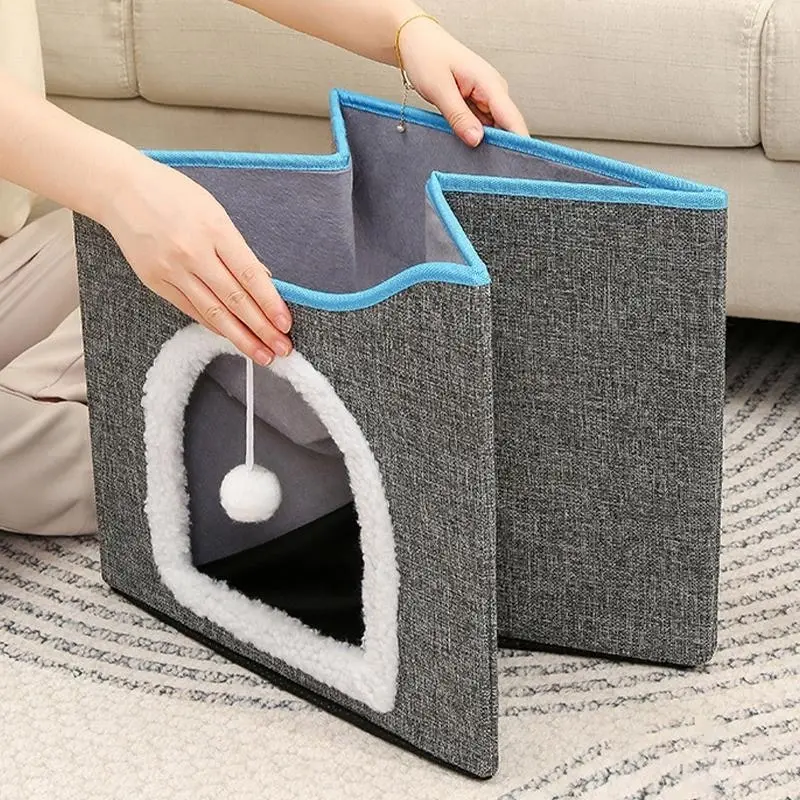 Foldable Pet Cat Calming Bed Hideaway Interactive House Nest Scratching Board